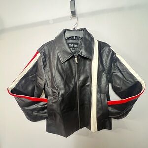 White Birch Black Leather Jacket with Red and White Stripes